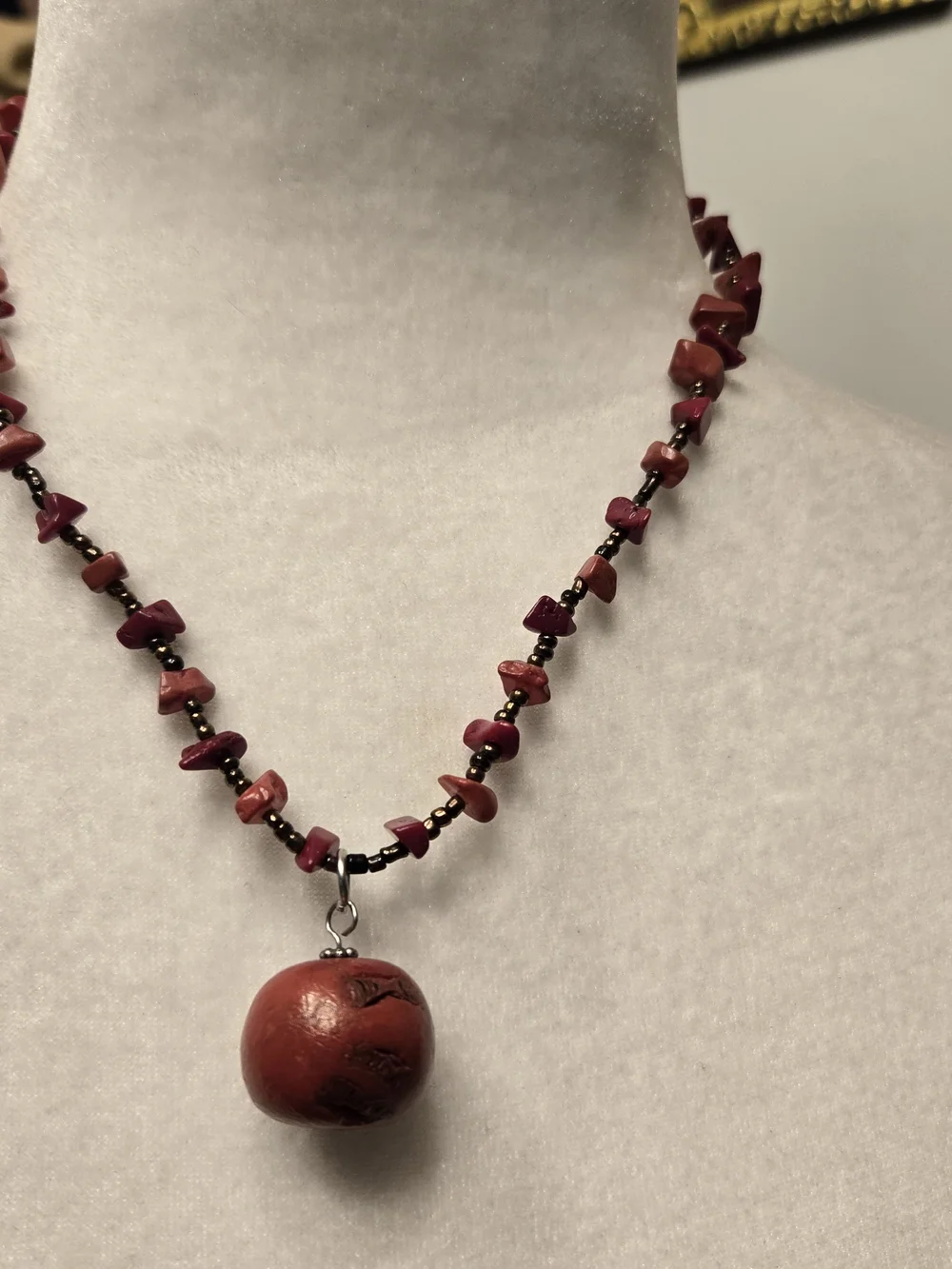 Vintage Red Bead Necklace with Round Red Pendant
